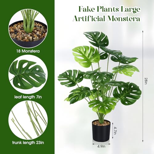 Giegxin 4 Pack Fake Plants 28'' Large Tall Artificial Monstera Faux Potted Tropical Faux Monstera Plants 18 Decorative Split Leaves Sage Green for Indoor Outdoor Front Porch Home Tree Decor