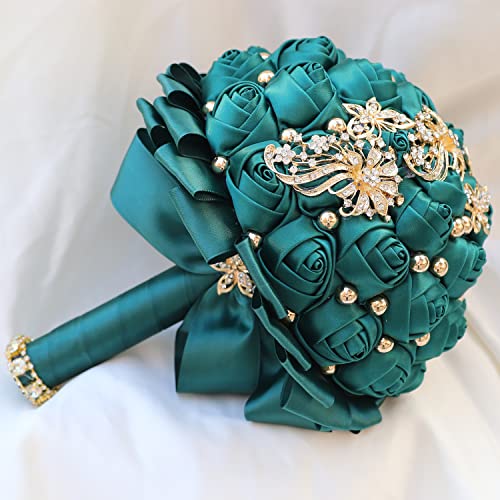 WIFELAI-A Golden Rhinestone Brooch Wedding Flowers Bridal Bouquets Crystal Bride Holding Bouquet White Ivory Satin Roses with Diamond - color: Emerald Green