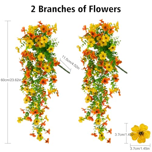 CCILAND 2 PCS Artificial Hanging Flowers for Outdoors, Fake Flower Plants UV Resistant Faux Hanging Spring Flowers for Home Porch Garden Patio Yard (Orange and Yellow) - color: Orange and Yellow
