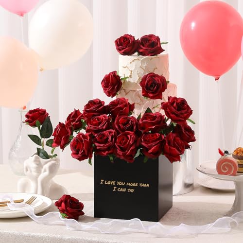 Tifuly 12pcs Red Roses Artificial Flowers,Realistic Long Stem Fake Silk Roses Bouquet for Party Home Wedding Centerpiece Office DIY Decor（Burgundy） - color: Burgundy Red