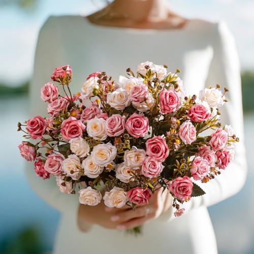 Artificial Rose Flowers for Outdoor 4 Bundles Rose Bouquet with Daisy Faux Flowers UV Resistant for Home Indoor Outside Garden Porch Window Box Balcony Yard Porch Decor (White+Pink) - color: White+pink