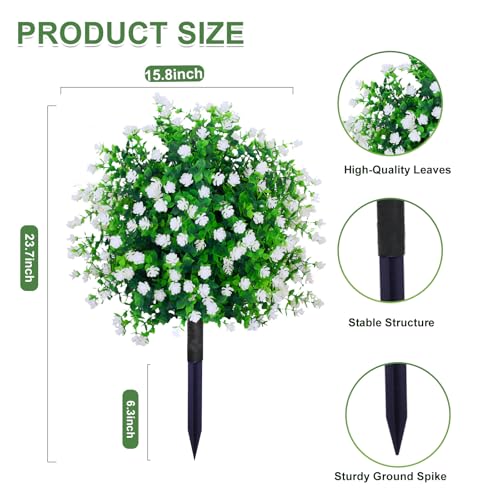 2Pack Artificial Topiary Ball Tree Outdoor with Spike,Spring Faux Boxwood Topiary Fake Bushes Shrubs White Realistic,15.8" D UV Resistant Artificial Greenery Plants for Outdoor Planter Garden Porch - color: White