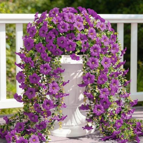 Artificial Hanging Flowers for Outdoors, 6 PCS Silk Morning Glory Artificial Flowers with Eucalyptus Leaves, UV Resistant Fake Flower Realistic Faux Plants for Home Patio Porch, Petunias+Lotus - color: Petunias-lotus