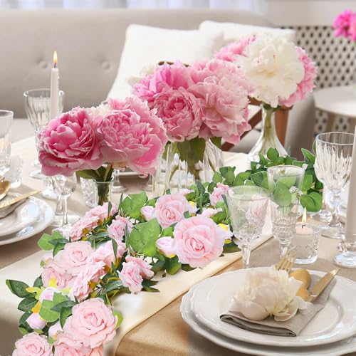 Sggvecsy 4Pcs 31Ft Artificial Rose Vine Fake Flower Garland Floral Garland Faux Silk Hanging Vine Rose Ivy Vines for Wedding Arch Party Wall Garden Ceremony Background Outdoor Decor (Pink) - color: Pink, size: 4Pcs
