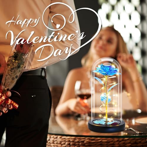 Otlonpe Preserved Artificial Glass Rose Flower Lamp, Forever Women Gifts for Birthday Christmas Valentines Mothers Day, 7.7'' Blue Rose Gifts for Mom Grandma Daughter Wife Girlfriend, Home Decor - color: Blue