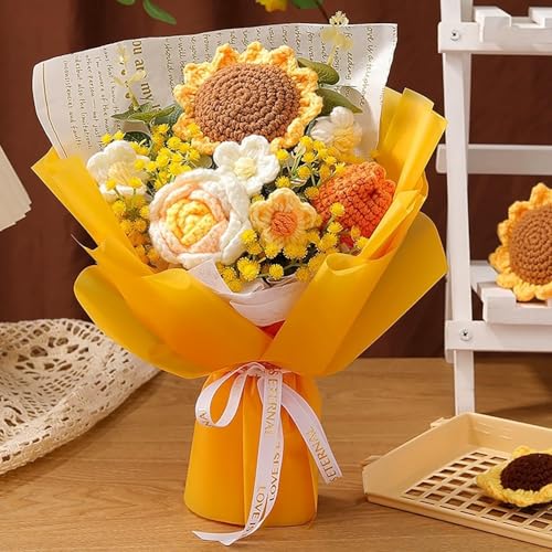 Rimvoe Crochet Flowers Bouquet, Handmade Knitted Sunflower Rose Tulip Puff Flower Bouquet, Gift for Mother Wife on Birthday Valentines Anniversary
