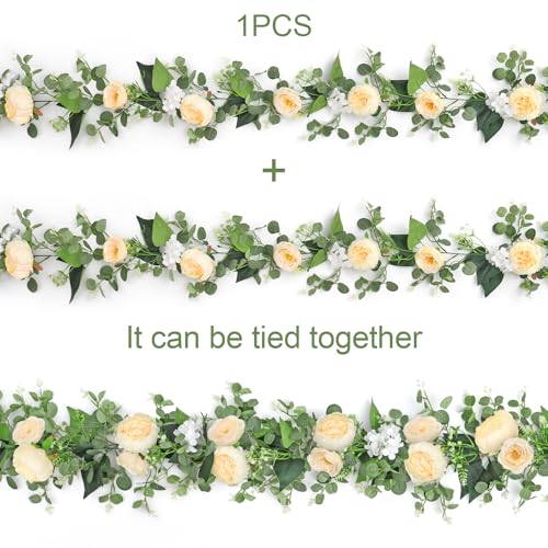 Betylifoy 2 Pack 6.2Ft Champagne Flower Garland Artificial Eucalyptus Flower Garlands Fake Peony Rose Floral Vines Hanging Hydrangea Flower Faux Greenery Garland for Wedding Party Table Backdrop Decor - color: Champagne