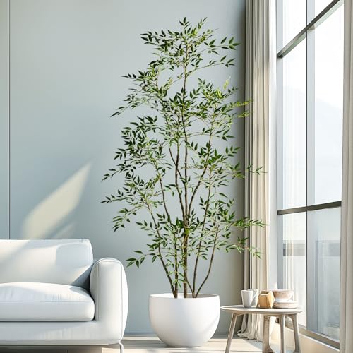 7.2ft Faux Bamboo Tree Artificial Nandina Tree Artificial Indoor Plants Realistic Fake Potted Tree with 800+ Leaves, Cement Planter - Home Office Decor Perfect for Housewarming Gift Non-Toxic - color: Green, size: 7ft 2in