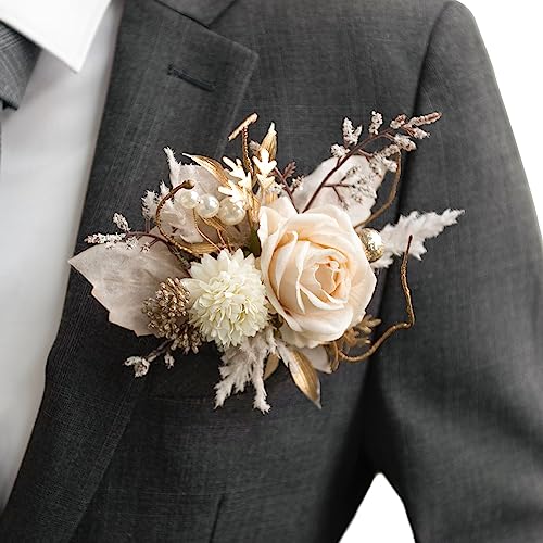 Ling's moment Pocket Boutonniere Single, Boutonniere for Men Groom for Wedding, Prom, Homecoming, Anniversary, Graduation, etc.White Beige, 6" W x 5" H - color: Wht-white & Beige, size: 6" W x 5" H