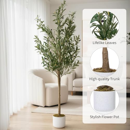 5.2FT Artificial Olive Tree with Lifelike Leaves & 34 Fruits, Potted Fake Plants for Office Home Bedroom, Artificial Plants Indoor Evergreen Faux Olive Tree for Modern Farmhouse Kitchen - size: 7in