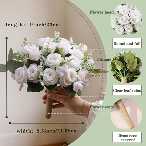 Ivory Bridesmaid Bouquet Set of 6, White Wedding Bouquets for Bridesmaids, 8.5 Inch Wedding Floral Arrangements Flowers Table Centerpieces Decor Artificial Flower Bouquet for Prom Party - color: 6pcs White Rose Bouquet