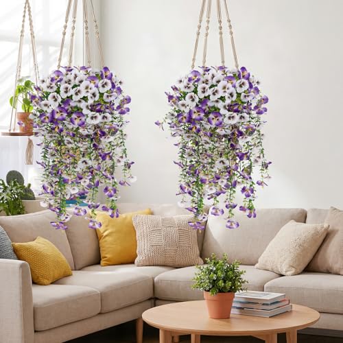 Artificial Hanging Flowers for Outdoors, 4 PCS 29.5in UV Resistant Faux Outdoor Hanging Plants Pansy Flowers Fake Cascading Floral Vines for Porch Patio Balcony Pergola, Purple White - color: White&purple