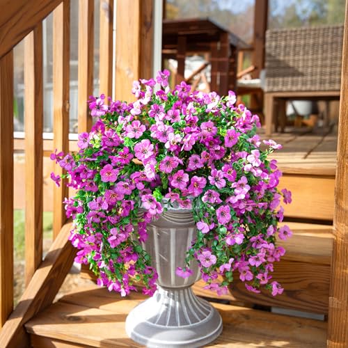 Artificial Faux Hanging Flowers Plants for Outdoor Decor, 2 PCS Outside Fake Silk Violets with Eucalyptus UV Resistant Realistic Daisy Trailing Vines for Planter Front Door Balcony Patio Yard, Purple - color: Purple