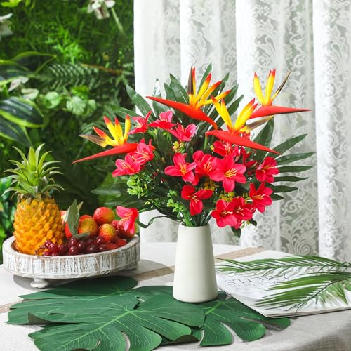 Hotop 4 Set/ 16 Pcs Artificial Tropical Flower Bouquets Bulk for Hawaii Centerpieces Bird of Paradise Lily Bouquet Permanent Flower Tropical Plant Party Office Home Decor (Rose Red) - color: Rose Red