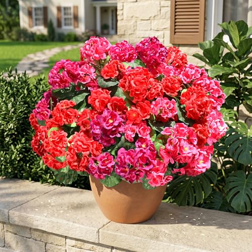Fake Geraniums Artificial Flowers for Outdoors, 6 Bundles Silk Geraniums Flowers Realistic UV Resistant Fake Plants Faux Flowers for Outside Planters Front Door Garden Balcony Yard Porch Indoor, Mix - color: 2 Red, 2 Hotpink, 2 Fuchsia