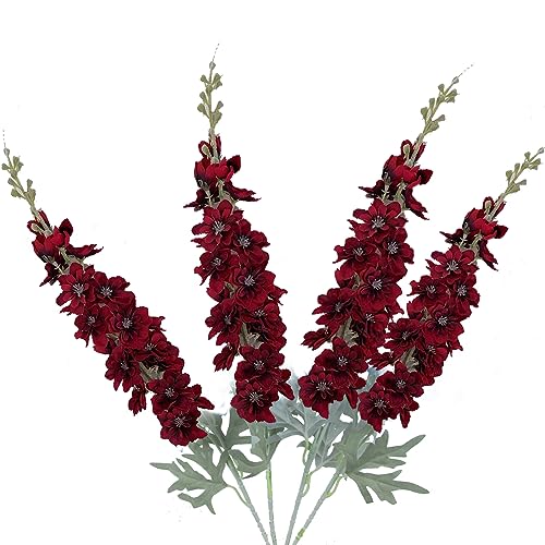 FERIAL 4pcs Artificial Delphinium Flowers Burgundy Silk Flowers Bulk Silk Flowers for Home Garden Wedding Arrangement Table Vase Decor(Burgundy) - color: Red