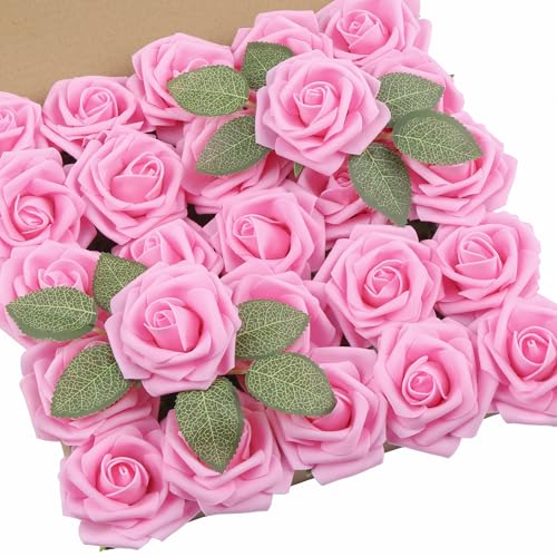 DuHouse 50Pcs Artificial Roses Flowers Fake Roses with Stems Real Touch Foam Flowers for DIY Wedding Bouquet Party Centerpiece Floral Arrangement Party Home Decor(Pink) - color: Pink, size: 50pcs