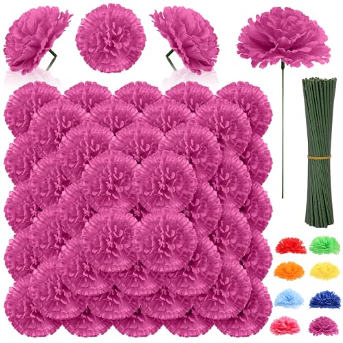 108pcs Carnation Head Flowers with Stem, Purple Artificial Flowers Carnations Bulk, Lavender Silk Carnation Fake Flower for Wedding Bouquet Centerpieces Tables Grad Party Cemetery Gravesite Decor - color: Purple