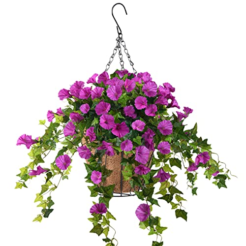 Homsunny Artificial Vine Silk Petunia Flowers Hanging Plant in Basket, Coconut Lining Basket Hanging Plant for Patio Lawn Garden Porch Spring Decor (Purple) - color: Dark Purple