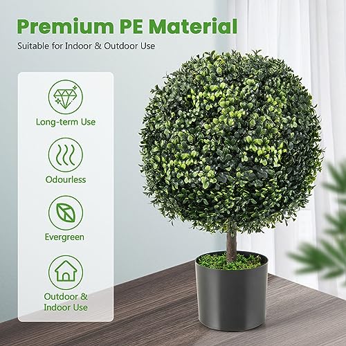 Goplus 22” Artificial Boxwood Topiary Ball Tree, Set of 2 Faux Potted Plants Artificial Shrubs Bushes with Cement Pot, Fake Evergreen Artificial Topiary for Indoor Outdoor Home Front Porch Decor - color: Dark Green