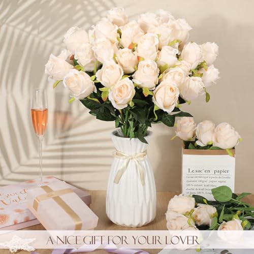 Hotop 80 Pcs Rose Artificial Flowers Bulk with Long Stem, Silk Roses Realistic Fake Flowers Bouquet for Wedding Table Centerpieces Bridal Shower Party Home Decorations(Beige) - color: Beige