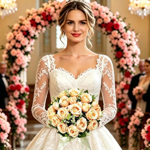 CYANLUX Wedding Bouquets for Bride Bridesmaid Bouquet Champagne White Artificial Roses Flowers for Wedding Valentine's Day Church Home Decoration (1#Champagne)… - color: 1#champagne