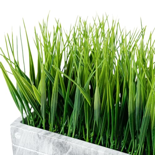 MyGift 14 Inch Artificial Green Grass Plant in Gray Marble Pattern Resin Ribbed Rectangle Planter, Faux Greenery Rectangular Cement Pot Centerpiece Home Décor - color: Gray Marble