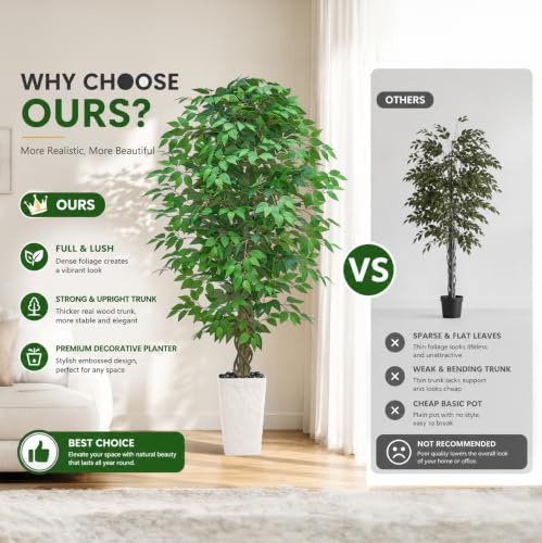 6FT Artificial Ficus Tree Indoor, Large Fake Ficus Tree with Natural Wood Trunk & Realistic Silk Leaves, Tall Faux Tree for Living Room, Office, Home Decor, White Pot Included