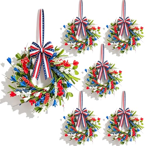 6 Pcs Small 4th of July Hanging Wreaths for Cabinets Patriotic Mini Candle Ring Wreath with Red White Blue Flowers Artificial Independence Day Wreath for Front Door Window Porch Wall Table Centerpiece - color: Patriotic-11