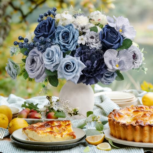 LELEE Fake Flowers Artificial Flowers Peonies Bulbous Chrysanthemum Daisy Hydrangea Sunflower Violets Dahlia Daffodils Epiphyllum Orchid Cherry Blossom Camellia Leyaron (Dusty Blue) - color: Navy Blue& Grey
