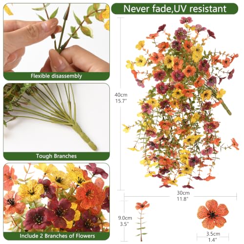 INQCMY Artificial Fake Fall Flowers for Outdoors Faux Mums UV Resistant | 2 Pcs fall silk hanging flowers,fall decorations for home, look real Faux flowers for outside Home planter porch patio decor - color: Orange,brown,yellow
