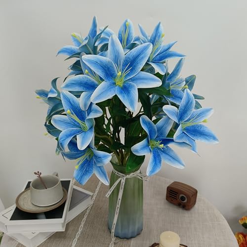 Artificial Blue Lilies Flowers,10Pcs Faux Lily Flower,20''Tiger Lily Branch with 2 Full Blooms, Faux Fake Lilies Plants for Wedding Bouquet Home Party Indoor Floral Arrangements (10, Blue) - color: Blue