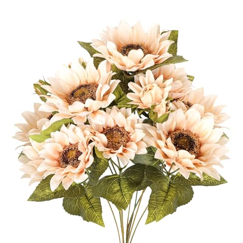Artificial Sunflower Bouquet, 9 Heads, Silk Fabric with Iron Stems, Vintage Fall Style, Indoor Outdoor Wedding Party Home Garden Decor (White) - color: White
