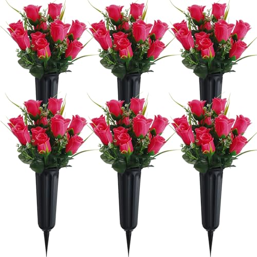 Tigeen 6 Sets Father's Day Cemetery Flowers with Grave Vase 12 Bunches Artificial Rose Memorial Bouquet 84 Heads Fake Silk Flower for Dad Gravesite Graveside Decor(Rose Red) - color: Rose Red