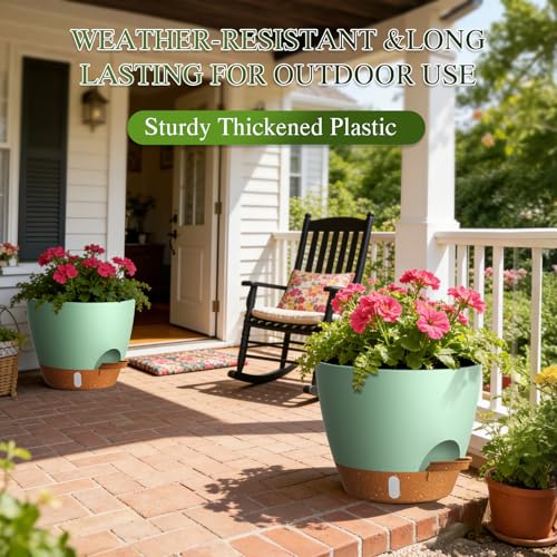 Self Watering Pots with Drainage Holes, 3 Pack 12/10/8 Inch Plant Pots with Water Level Indicator Deep Reservoir, Large Plastic Planter for Indoor Outdoor Plants - Green Brown - color: Green Brown, size: 12+10+8 Inch Set