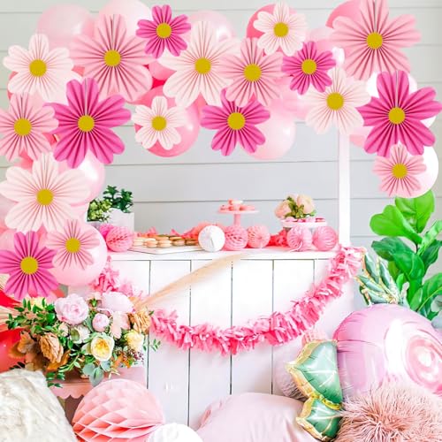 YUNXUAN Pink Party Decorations Paper Fan Paper Flowers Decorations for Wall Flower Backdrop Classroom Baby Shower Birthday Flower Wall Decor Pack of 9 Pink - color: Pink