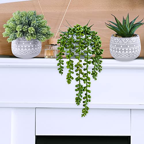 Winlyn 3 Pcs Assorted Small Potted Succulent Plants Artificial Aloe Hops String of Pearls Succulents in Gray Geometric Concrete Pots for Gifts Table Shelf Windowsill Indoor Outdoor Greenery Decor