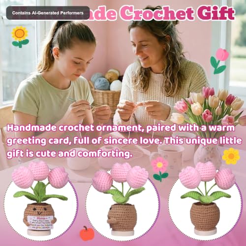 for Mom from Daughter Son - Handmade Crochet Tulip Bouquet in Smiling Flower Pot, 3 Pink Tulip Flowers with Thank You Mom Card, Potted Plant Gift for Grandma Wife Sister, Desk Decor - color: Thank You Mom