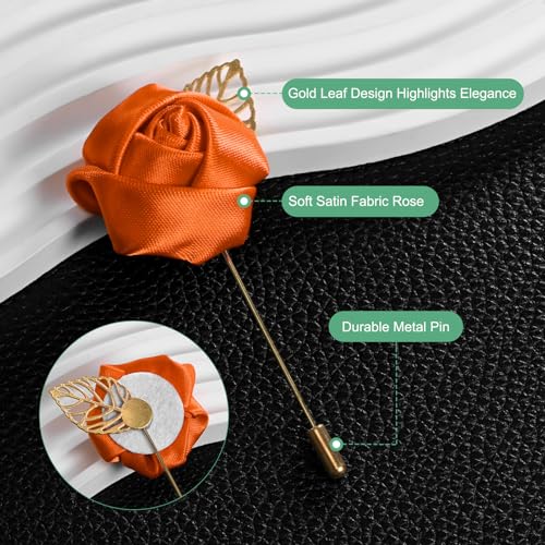 M METERXITY 1-Pack Flower Lapel Pins for Men, Golden Leaf Rose Boutonnieres Pin Groom Boutonnieres for Wedding/Dance/Party, Men Lapel Pins for Suits Satin Flower Corsage [Orange] - color: Orange