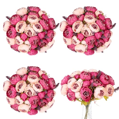 Olgaa 4 Bunches Peonies Artificial Flowers Faux Flowers Bouquet Silk Peony Hydrangea for Vase Wedding Centerpiece Bridal Shower Garden Party Home Decor (Dark Pink) - color: Dark Pink