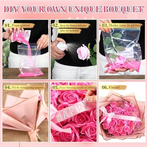 Thiccywoov Valentine Glitter Roses Bouquet (exclude Rose & Glue) DIY Roses with Glitter Powder Flower Wrapping Paper Letter Stickers Bags for Mothers Day Birthday Wedding Graduation Xmas Gifts(Pink) - color: Pink
