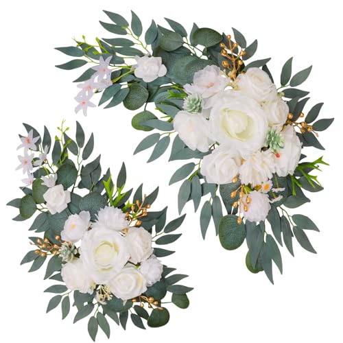 Wedding Arch Decorations 2 Pack - Reusable Artificial Hanging Flowers Floral Swag Greenery Garland for Wedding Welcome Sign Backdrop Bridal Ceremony Reception Backdrop Decoration - color: White