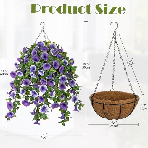 Artificial Morning Glory Flowers with Hanging Basket - Faux Morning Glory Vines UV Resistant Plastic Fake Flowers with Basket Plants for Home Porch Patio Balcony Garden Yard Spring Decor Purple - color: Purple, size: 23.6"