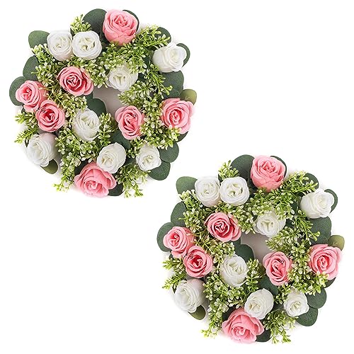 NUPTIO Flower Candle Rings for Centerpieces: 13.4 Inch Artificial Rose Wreath for Wedding Party Christmas - Pink & White Wreaths for Spring Summer Front Door Porch Table Decor 2 Pcs - color: Pink & White, size: Dia 13.4"-2pcs