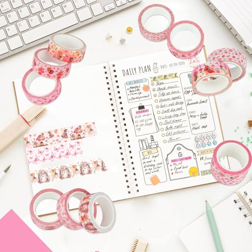 12 Rolls Fairy Washi Tape Set, Fairy Mushroom Butterfly Floral Decorative Tape, Pink Watercolor Masking Tapes for Scrapbooking Journaling Party Supplies, DIY Art Crafts, Gift Wrapping 16.4FT - color: P