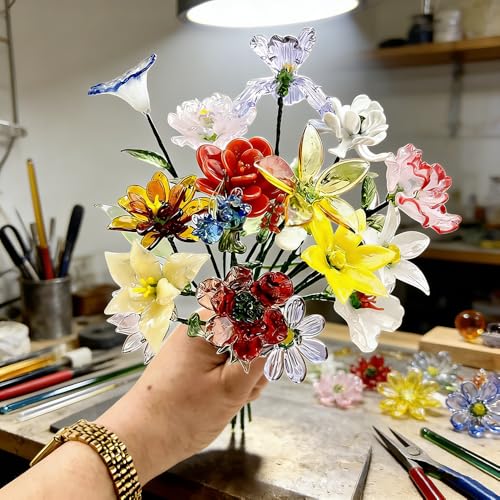 Handmade Glass Birth Month Flower, Bendable Wire Stem, French Pastoral Desktop Decor, Birthday Gift for Mom Women, Home Office Vase (May – Lily of the Valley (Handmade Glass Birth Month Flower))