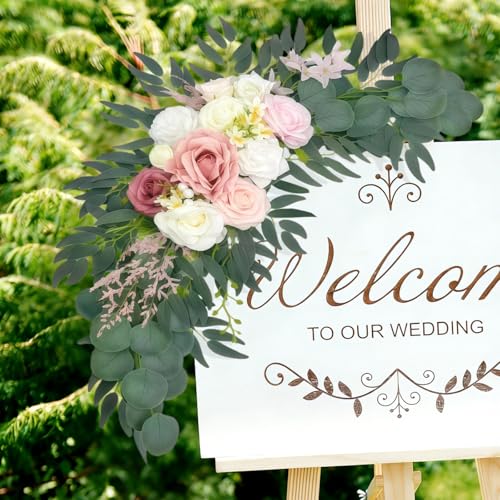 Wedding Arch Flowers 2 Pack, Artificial White Roses and Greenery Swag for Welcome Sign Decorations - color: Pink