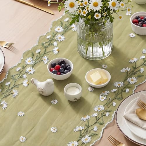 Artoid Mode Daisy Floral Fern Green Shaped Gauze Embroidery Table Runner 120 Inch 10FT, Tulle Spring Summer Kitchen Dining Table Decor for Home Party - color: Fern Green