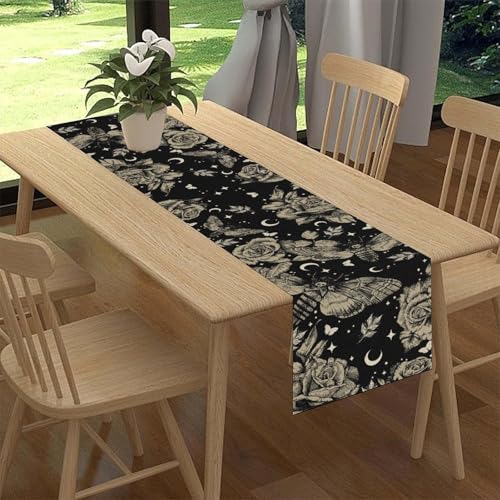 Vintage Gothic Floral Table Runner, Retro Luxury Dark Skull Moth Day of Death Witchy Boho Coffee Table Center Decor for Home Kitchen Dining Patio Holiday Party Table Decorations 13x36 inches - color: Tr-witchy04, size: 13x36" Table Runner