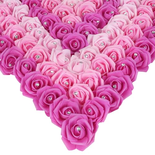 Pink Roses Artificial Flowers,200PCS Fake Foam Roses 1.97in Artificial Roses with Crystal for Craft DIY Wedding Party Home Decoration(Mixed Pink Colors) - color: Mixed Pink Colors With Crystal